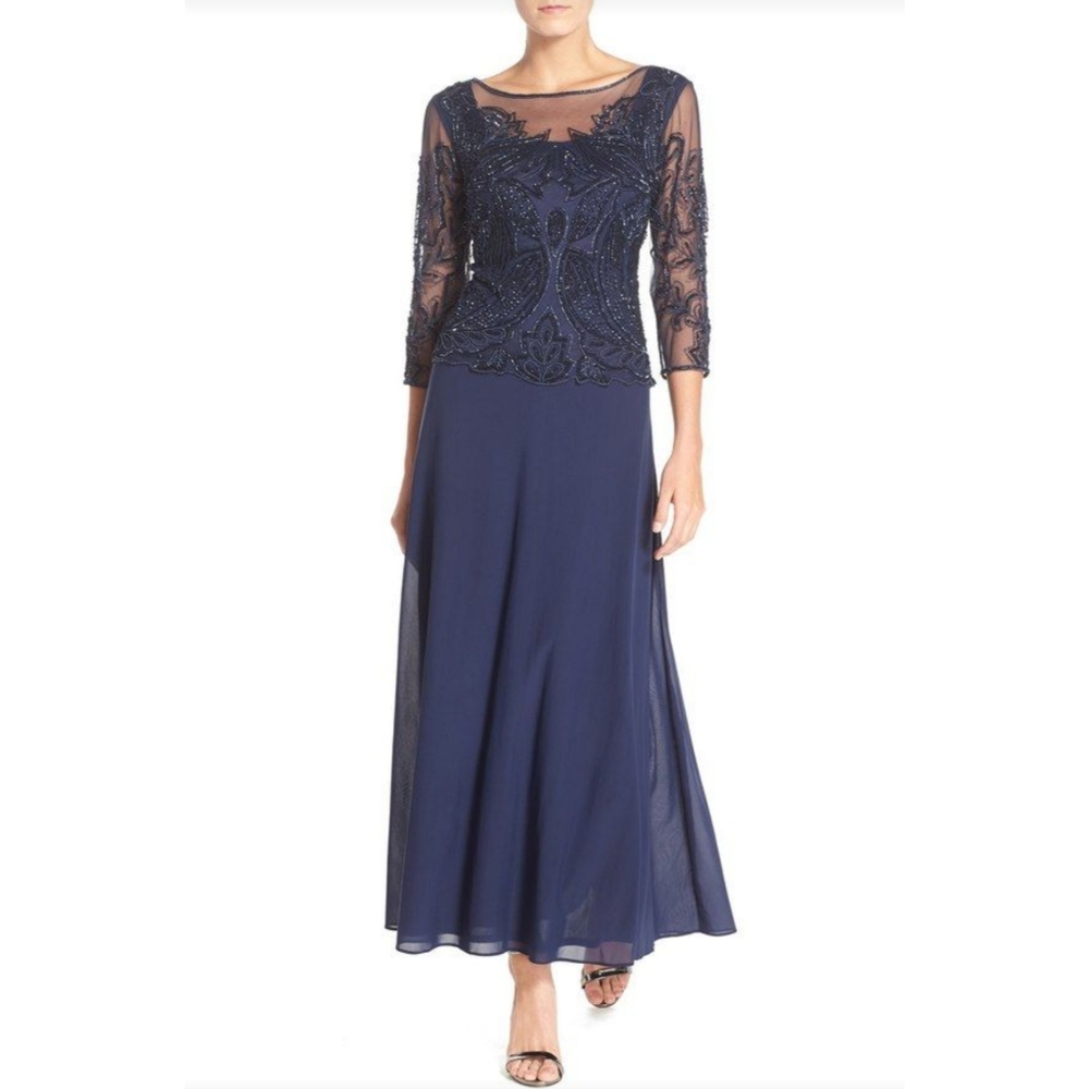 Pisarro Nights navy blue beaded illusion botice gown